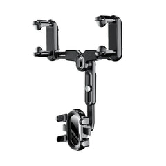 Black flexible gooseneck phone holder with mirror clips shown against a plain white background.