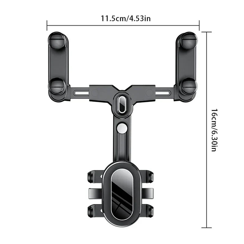 Front view of a flexible gooseneck phone holder with 11.5cm width and 16cm height dimension labels