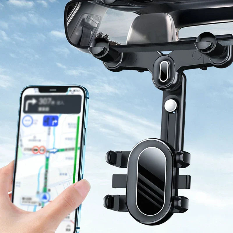 handyhalterung mit schwanenhals - Rückspiegel-Auto-Handyhalterung an einem Innenrückspiegel befestigt, mit einer Hand, die ein Smartphone neben der leeren Halterung hält