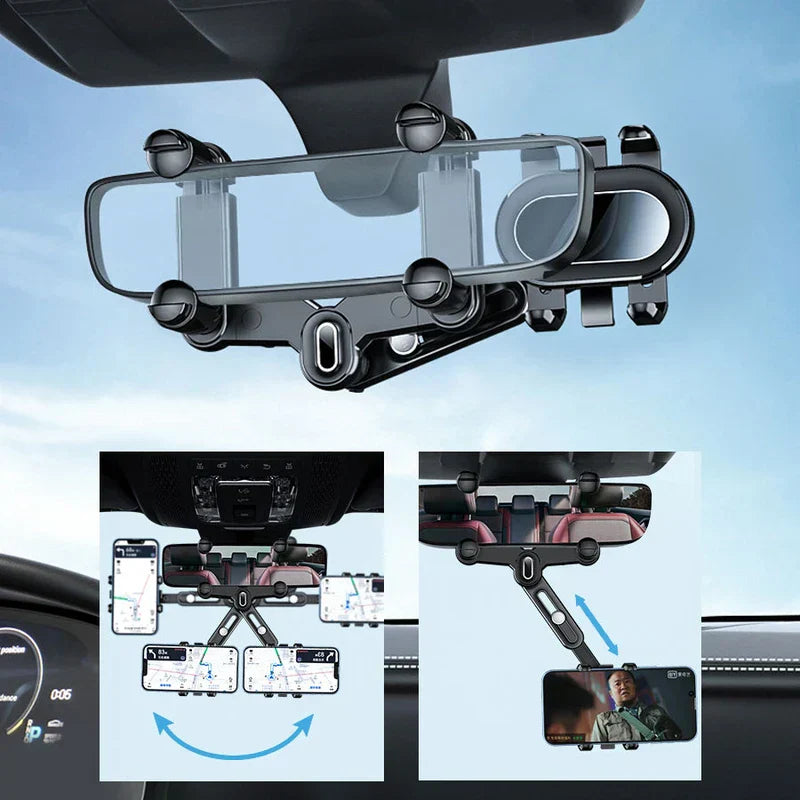 A flexible gooseneck phone holder on a car mirror, with insets showing adjustable angle and extended mount positions