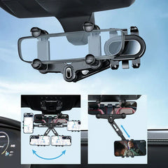 A flexible gooseneck phone holder on a car mirror, with insets showing adjustable angle and extended mount positions