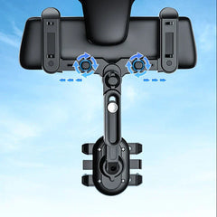 Back view of a flexible gooseneck phone holder holding a smartphone, with blue arrows showing side clamp rotation and extension movement