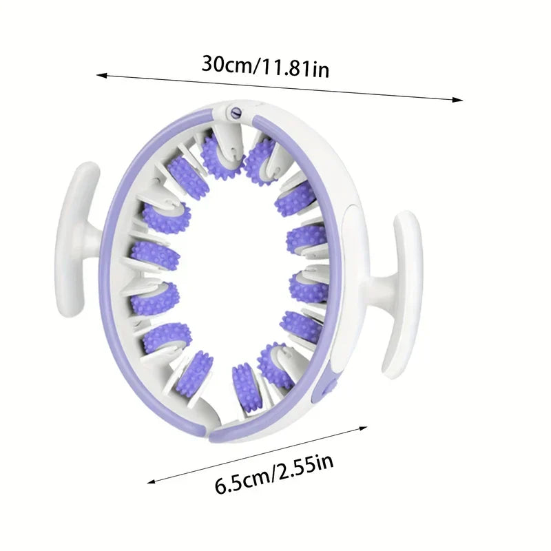 Purple and white ring muscle roller with dual handles, labeled with 30cm and 6.5cm size dimensions on a white background