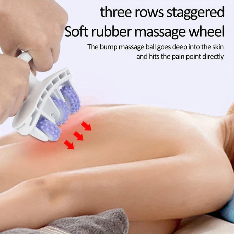 Handheld 3-row staggered wheel muscle roller being pressed onto a person’s back, with red arrows showing pressure direction