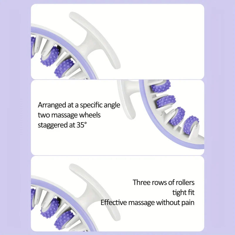 Purple muscle roller showcasing staggered 35° massage wheels and three rows of rollers