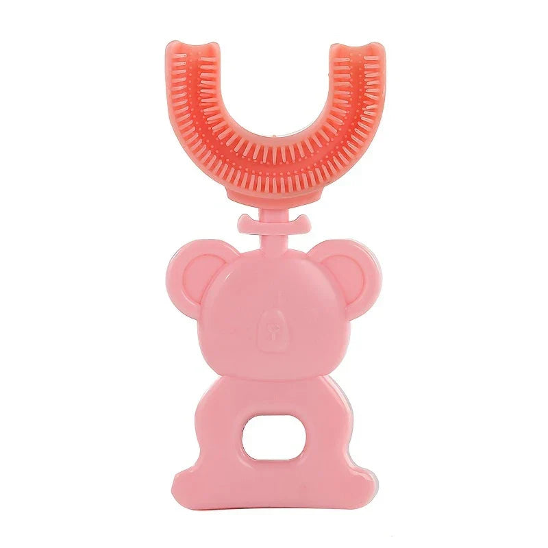 Close-up of pink toothbrush u shaped with bear handle on plain white backdrop