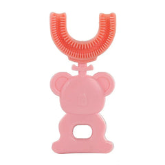 Close-up of pink toothbrush u shaped with bear handle on plain white backdrop