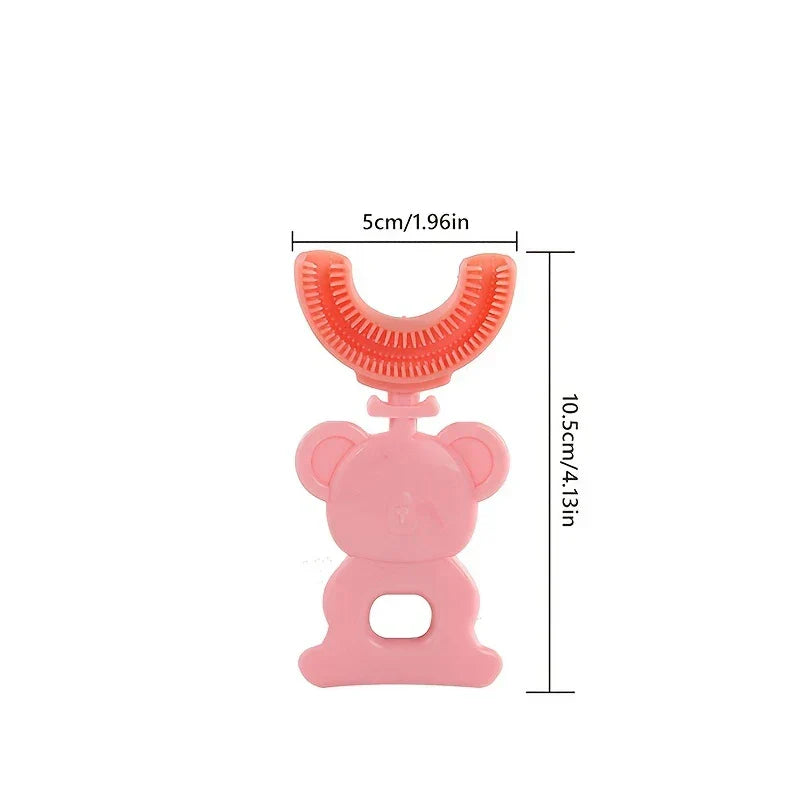 Pink kids' toothbrush u with koala handle, labeled 5cm wide and 10.5cm tall, on white background