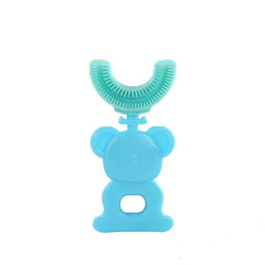 Light blue bear-shaped kids' toothbrush u with U-shaped bristle head on white background