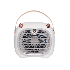 Desktop Cooler Fan - White portable cooling unit with rose gold accent details and carry handle, front view