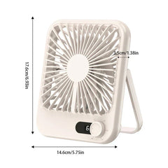 Usb Cooling Fan - Beige portable desktop fan with rear stand, knob control showing speed 6, labeled dimensions on white background