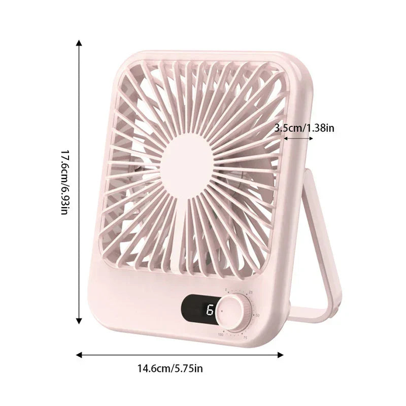 Usb Cooling Fan - Light pink portable desktop fan with rear stand, knob control showing speed 6, labeled dimensions on white background