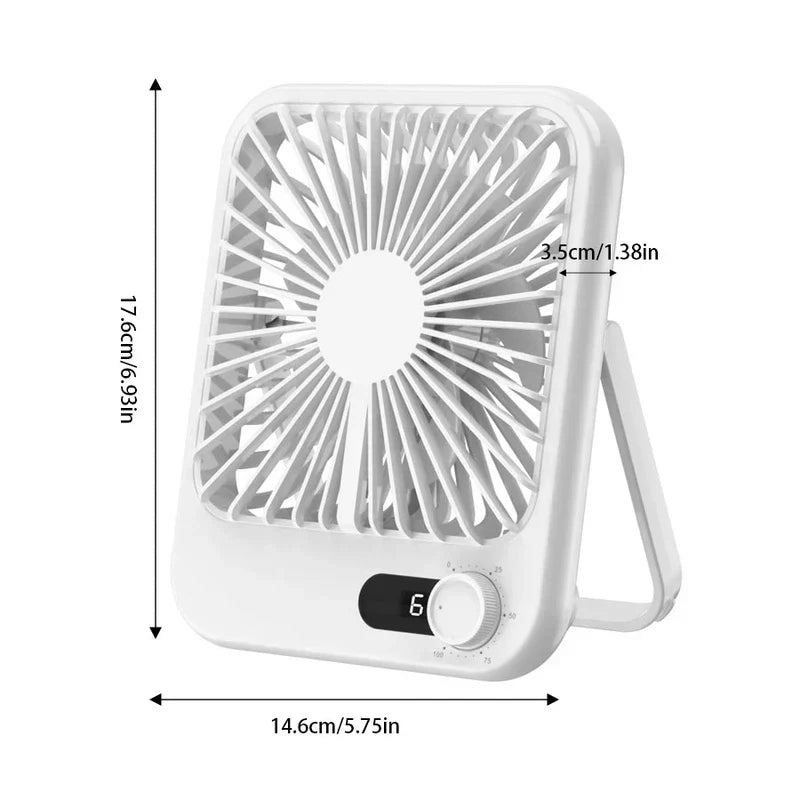 Usb Cooling Fan - White portable desktop fan with rear stand, knob control showing speed 6, labeled dimensions on white background