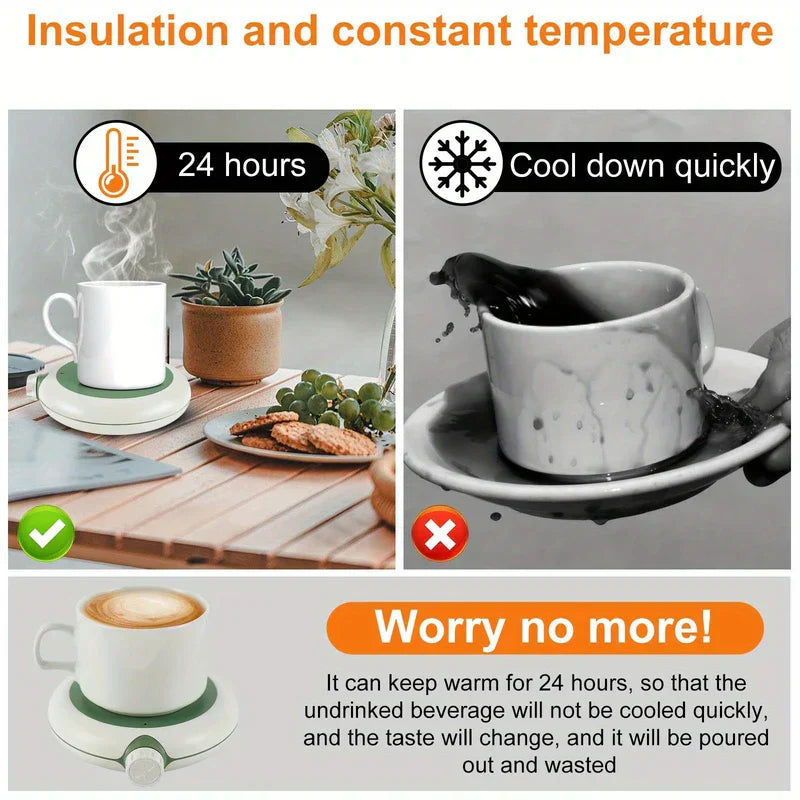 plato calentador de taza - Gráfico comparativo: posavasos calentado manteniendo la taza caliente junto a una taza fría volcada y derramada, con texto descriptivo debajo