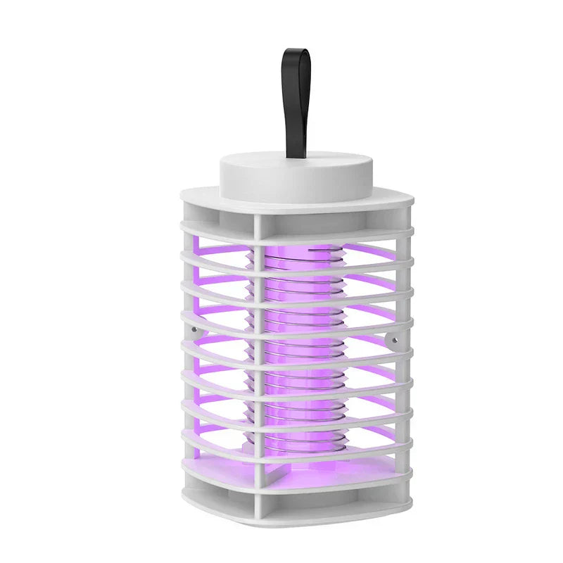 Electric Mosquito Killer Lamp - White caged pest control device with top hanging strap and glowing purple internal light