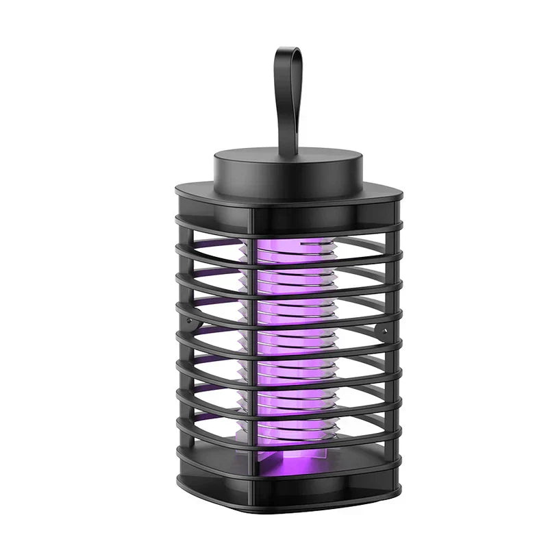 Electric Mosquito Killer Lamp - Black electric bug zapper with glowing purple UV light, shown isolated against a plain white background