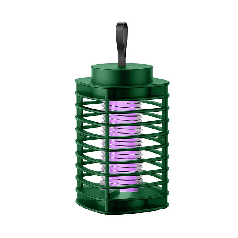 Electric Mosquito Killer Lamp - Green electric bug zapper with hanging strap, purple UV light inside protective cage, isolated on white