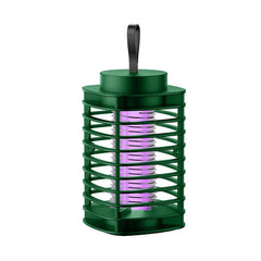 Electric Mosquito Killer Lamp - Green electric bug zapper with hanging strap, purple UV light inside protective cage, isolated on white