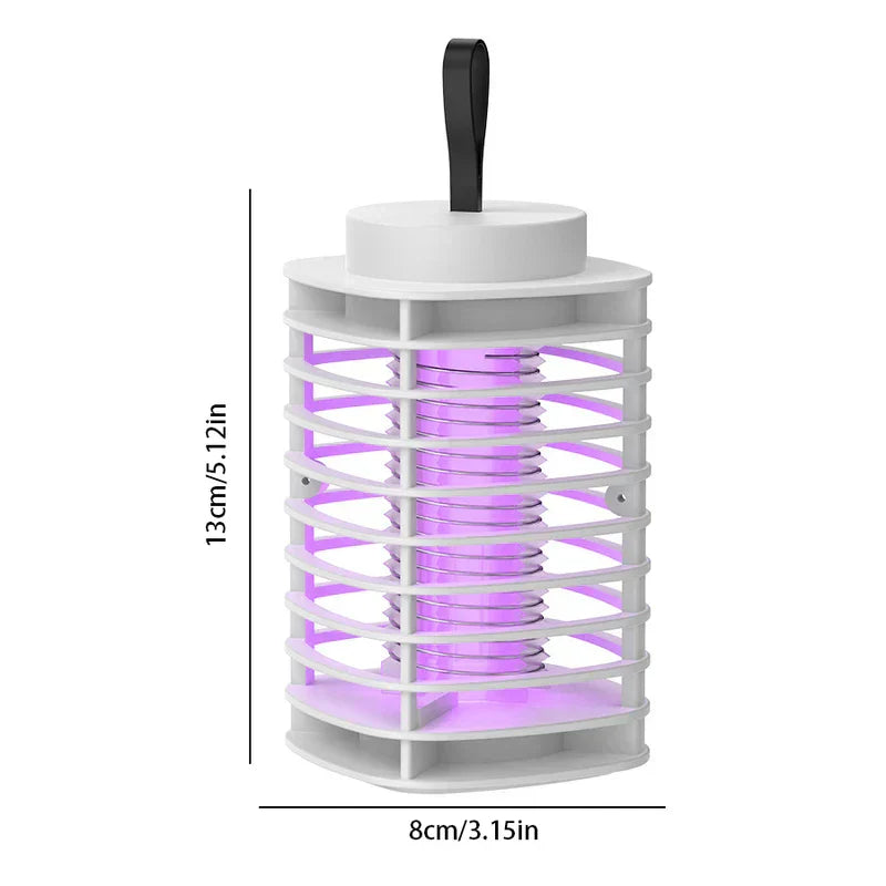 Electric Mosquito Killer Lamp - White electric bug zapper with top hanging strap, dimensions marked height 13cm width 8cm, unlit purple bulb visible through guard slats.