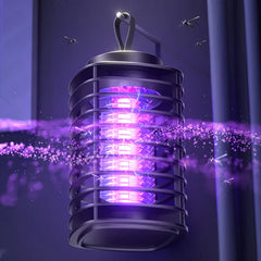 Electric Mosquito Killer Lamp - Black hanging electric bug zapper glowing purple with electric arcs, surrounded by mosquitos, mounted on a wall hook.