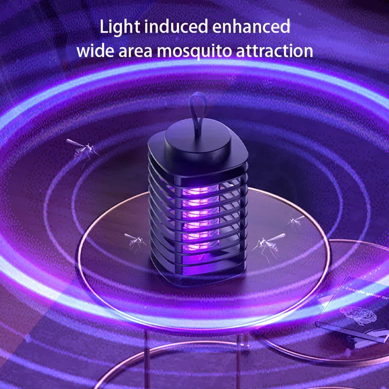 Electric Mosquito Killer Lamp - Black electric bug zapper sitting on a small round table, glowing purple light with concentric purple light rings, mosquitos around, text above reading Light induced enhanced wide area mosquito attraction.