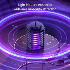 Electric Mosquito Killer Lamp - Black electric bug zapper sitting on a small round table, glowing purple light with concentric purple light rings, mosquitos around, text above reading Light induced enhanced wide area mosquito attraction.