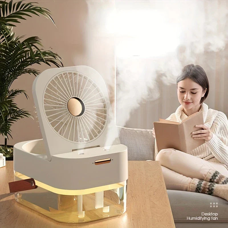 schreibtischventilator mit kühlung - Weißes Gerät auf einem Holzbeistelltisch neben einer sitzenden lesenden Person, das kühlen Nebel abgibt