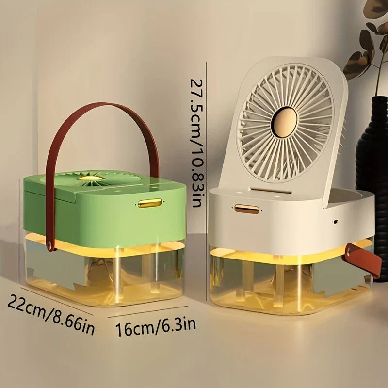 Desk Cooler Fan - Two portable folding mist fans, green closed and white open, shown with cm and inch dimension measurements.