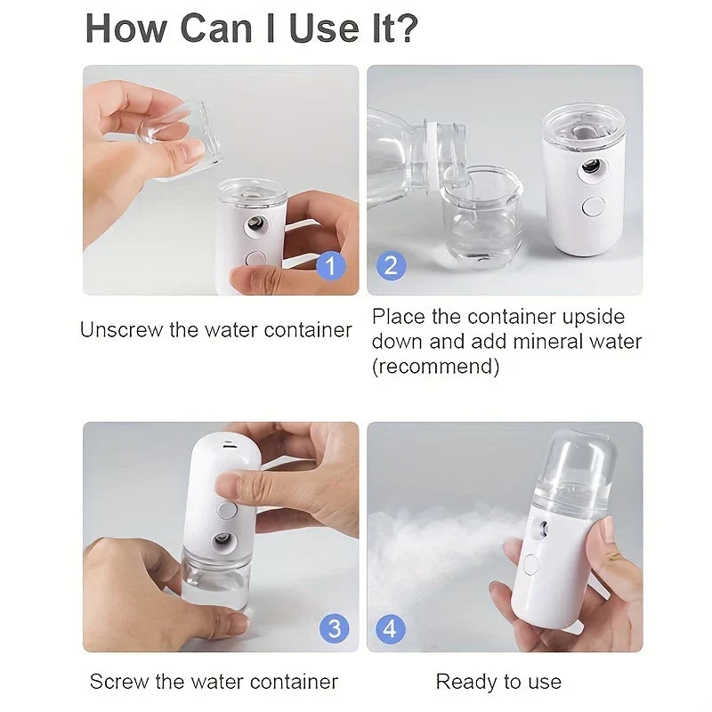 Four step-by-step hand illustrations showing use of a white USB nano facial mister, with text labels under each step.
