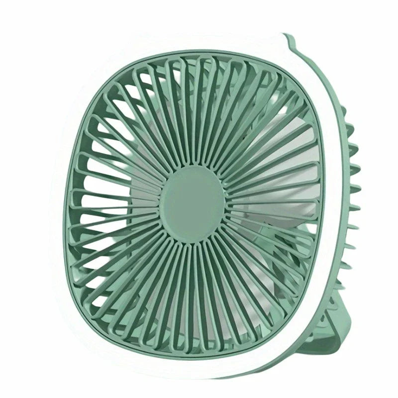 USB Rechargeable Desk Fan with LED Light on a desk