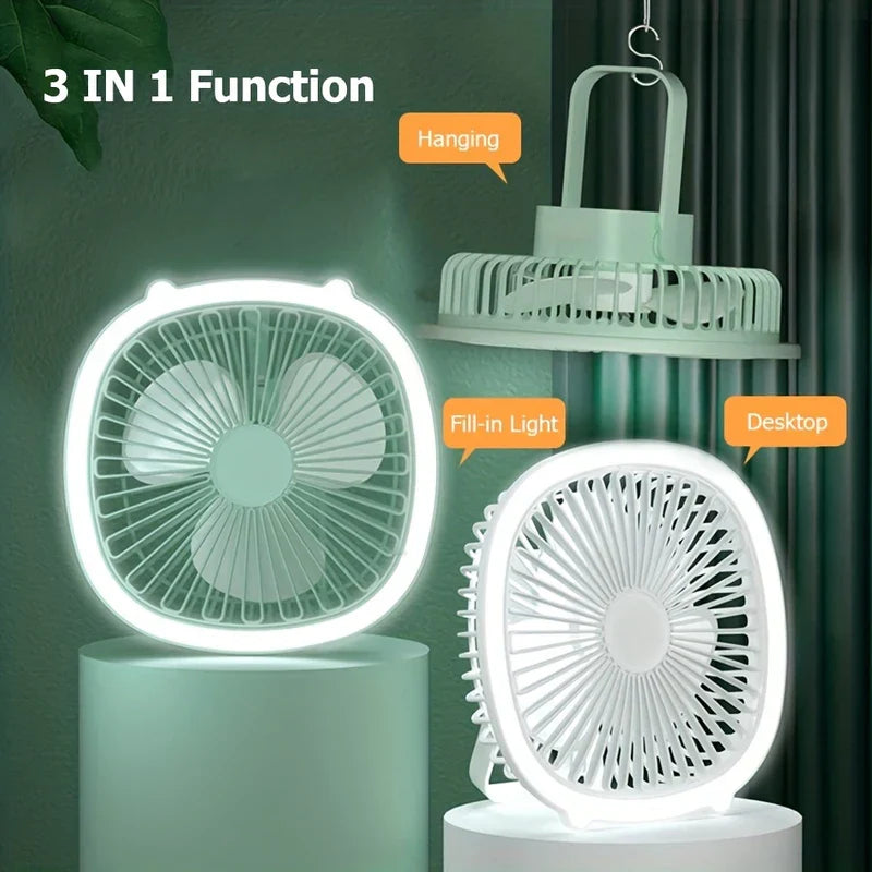 Led Light - Multifunctional portable fan displayed in hanging, desktop placements, with fill-in light function labeled