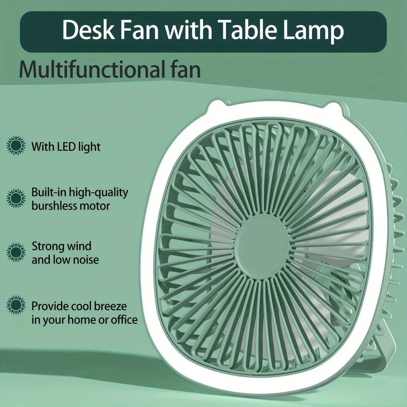 Close-up of the desk fan with LED light showing the fan blades and light