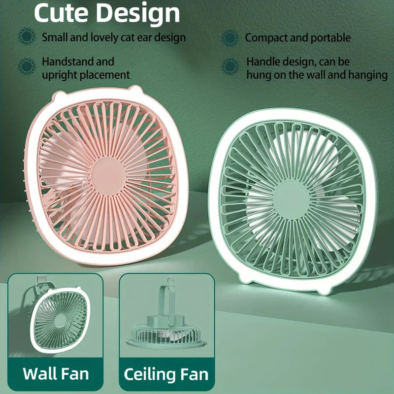 Led Light - Two small portable fans shown with cat ear designs, wall and ceiling fan mounting uses demonstrated