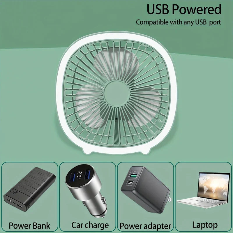 Led Light - USB powered fan shown with compatible power sources: power bank, car charger, adapter, laptop