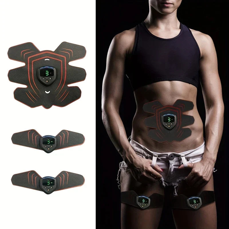 Abdominal Toning Belt - Side-by-side view of unmounted pad and control set, and a person wearing the pads on their abdomen and upper thighs