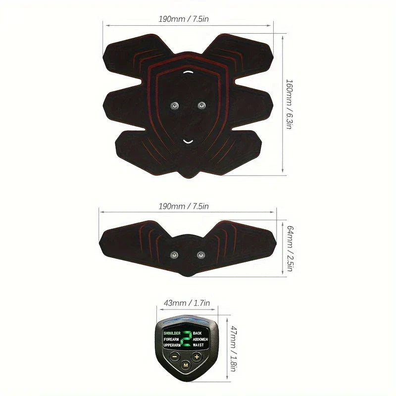 Abdominal Toning Belt - Three EMS muscle stimulator pads with controller, with measurements labeled in millimeters and inches.