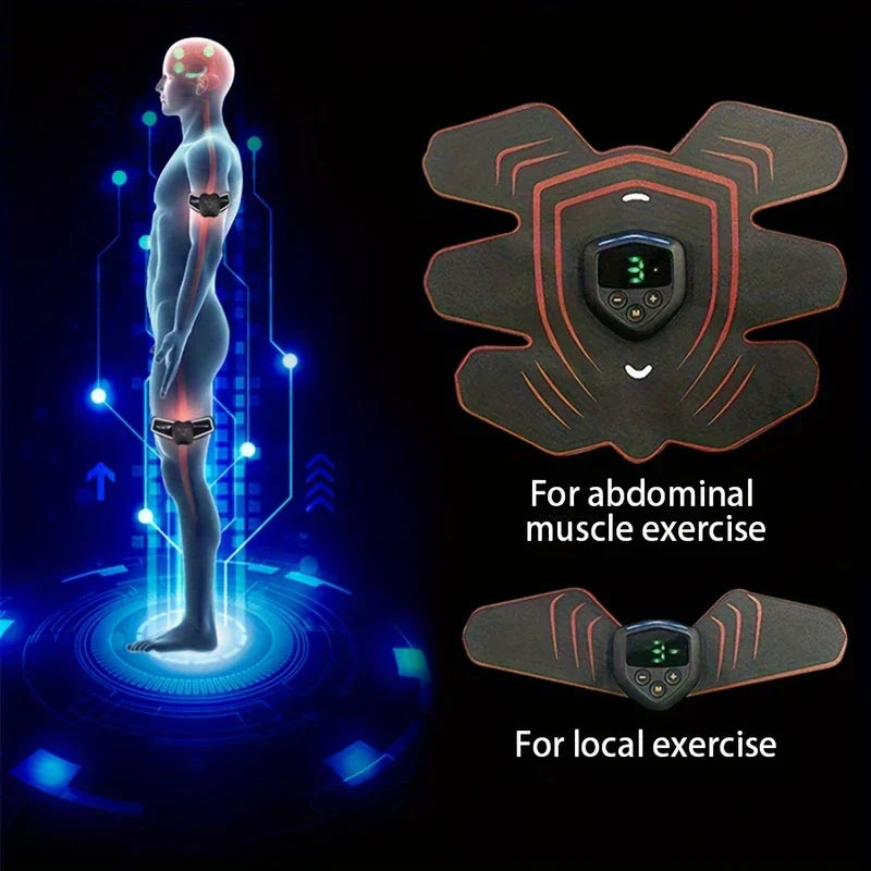 Abdominal Toning Belt - Two EMS stimulator pads shown with a human body diagram, labeled for abdominal and local exercise.