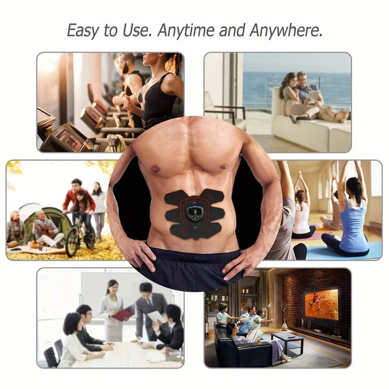 Abdominal Toning Belt - Abdominal EMS pad shown on a male torso, surrounded by scene tiles of various daily and activity settings.