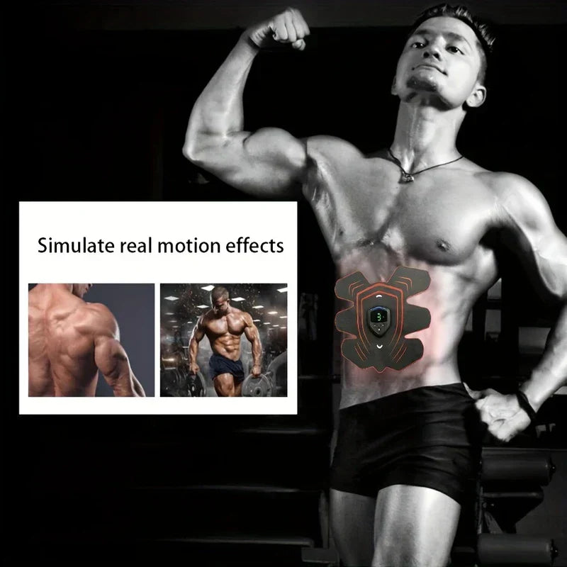 Abdominal Toning Belt - Person with an EMS abdominal training pad attached to their abdomen, showing muscular build with posed arm.