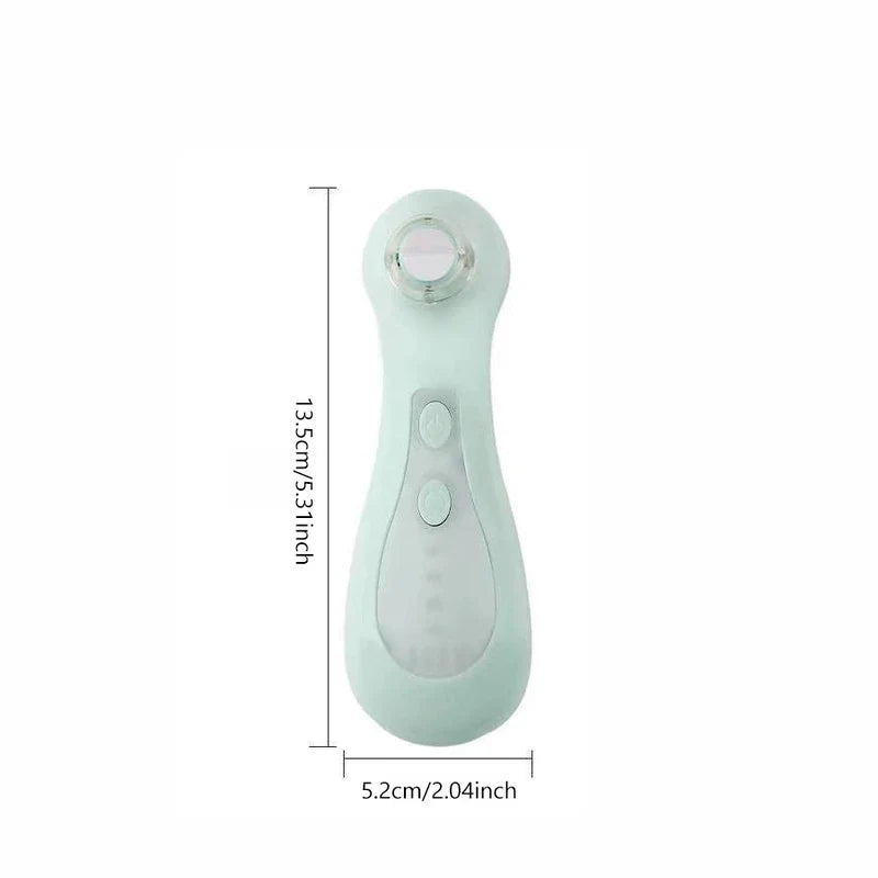 Taladro de uñas eléctrico: cortaúñas portátil para bebés en color menta claro con dos botones, mostrando medidas de 13,5 cm de largo y 5,2 cm de ancho