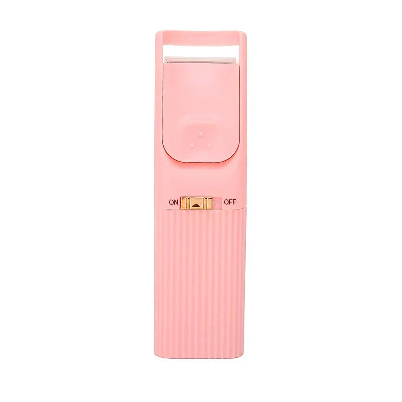 Pink electric heated eyelash curler with on-off switch, shown straight-on against white background