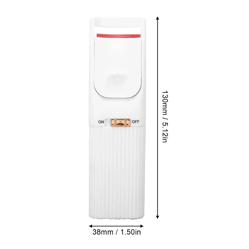 Heated Eyelash Curler - White electric eyelash curler shown with size dimensions, gold ON/OFF switch, red top pad