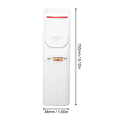 Heated Eyelash Curler - White electric eyelash curler shown with size dimensions, gold ON/OFF switch, red top pad