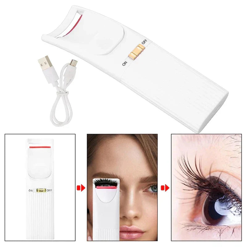 White heated eyelash curler with USB charging cable, shown with step-by-step use demonstration panels