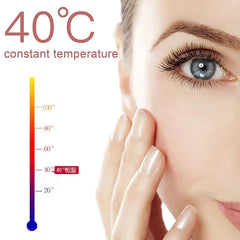 Heated Eyelash Curler - Temperature graphic showing 40°C constant temperature, alongside close-up of a face with curled lashes