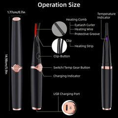 beheizter wimpernformer - Diagramm eines Wimpernformer-Stifts aus drei Blickwinkeln mit beschrifteten Teilen und Maßangaben