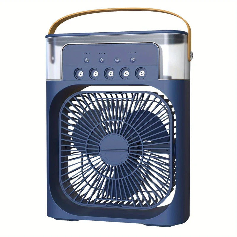 Ventilador enfriador de aire portátil - ventilador de escritorio portátil con asa de transporte, botones de control y luces indicadoras en el panel superior, mostrado de frente