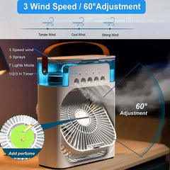 Ventilador enfriador de aire evaporativo compacto junto a una computadora portátil
