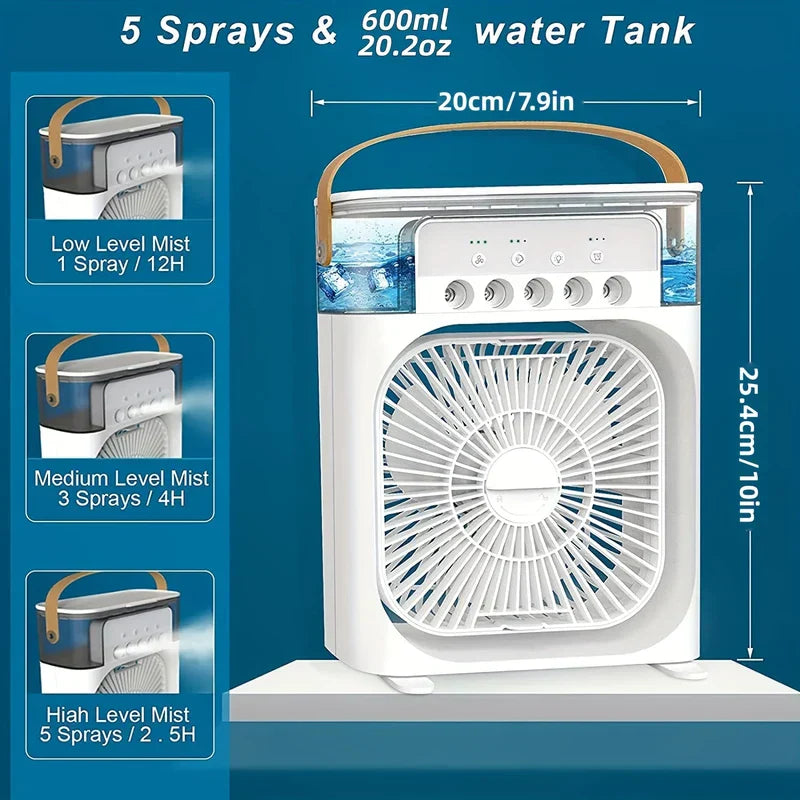 Ventilador enfriador de aire portátil - ventilador con nebulización portátil con tanque de agua de 600 ml, 5 boquillas de rociado, tres niveles de niebla y dimensiones marcadas sobre un fondo azul