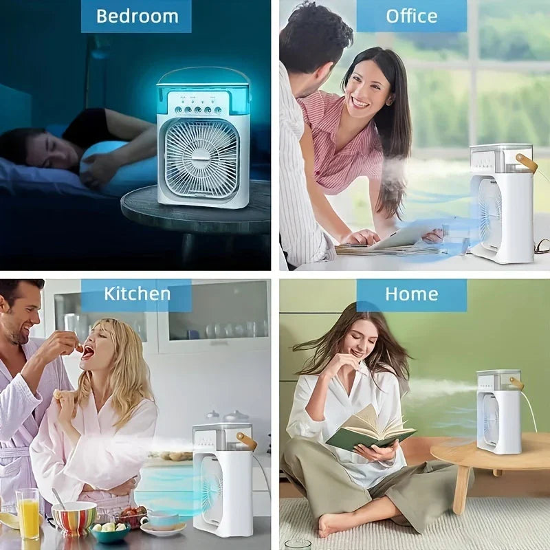 Ventilador enfriador de aire portátil - cuadrícula de cuatro paneles que muestra la unidad del ventilador en diferentes entornos: dormitorio con una persona durmiendo, oficina con dos personas en un escritorio, cocina con dos personas en una encimera, hogar con una persona leyendo en el suelo